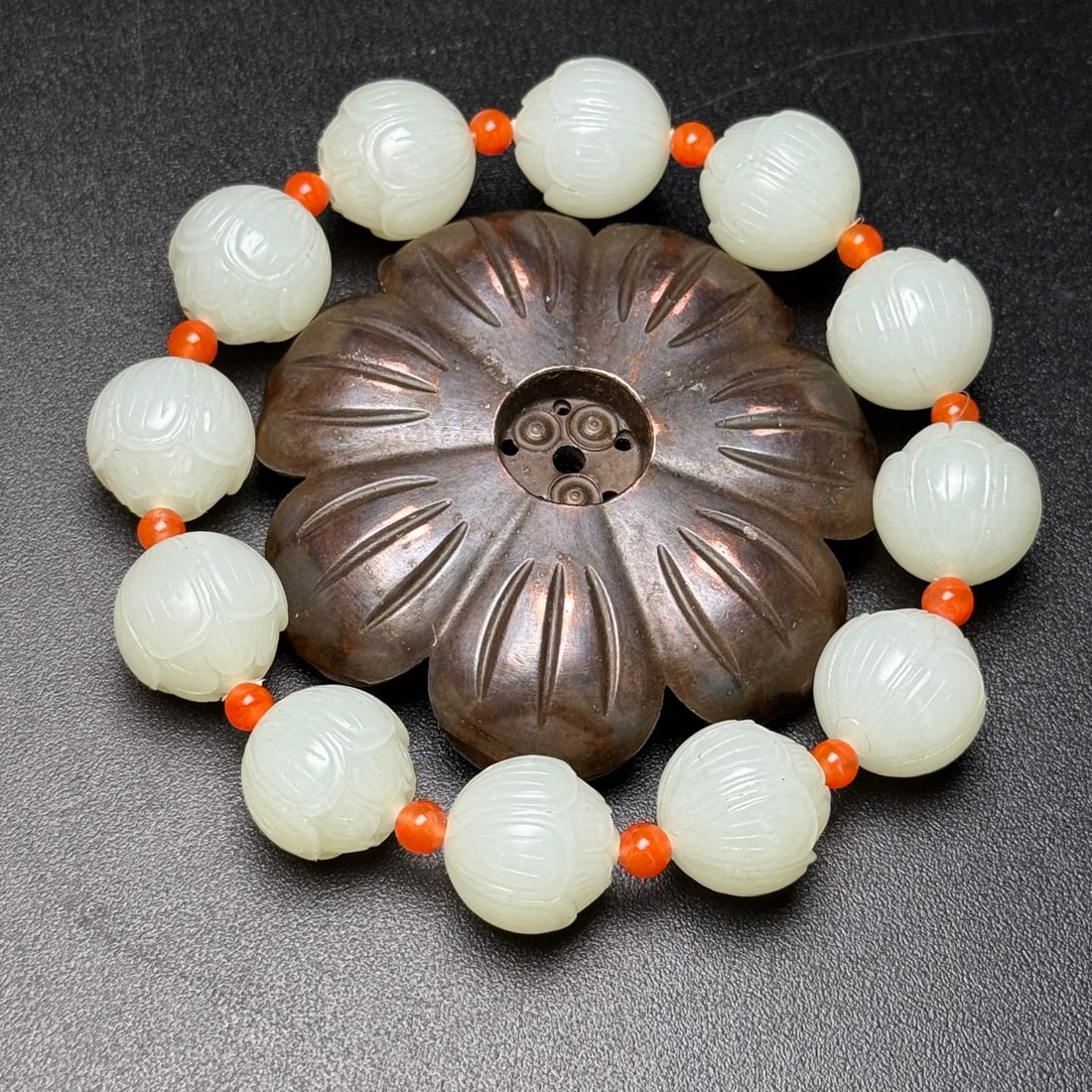 Chinese Hetian Jade Hand-Carved Flower Beads Bracelet w Lotus Flower 71g - 8