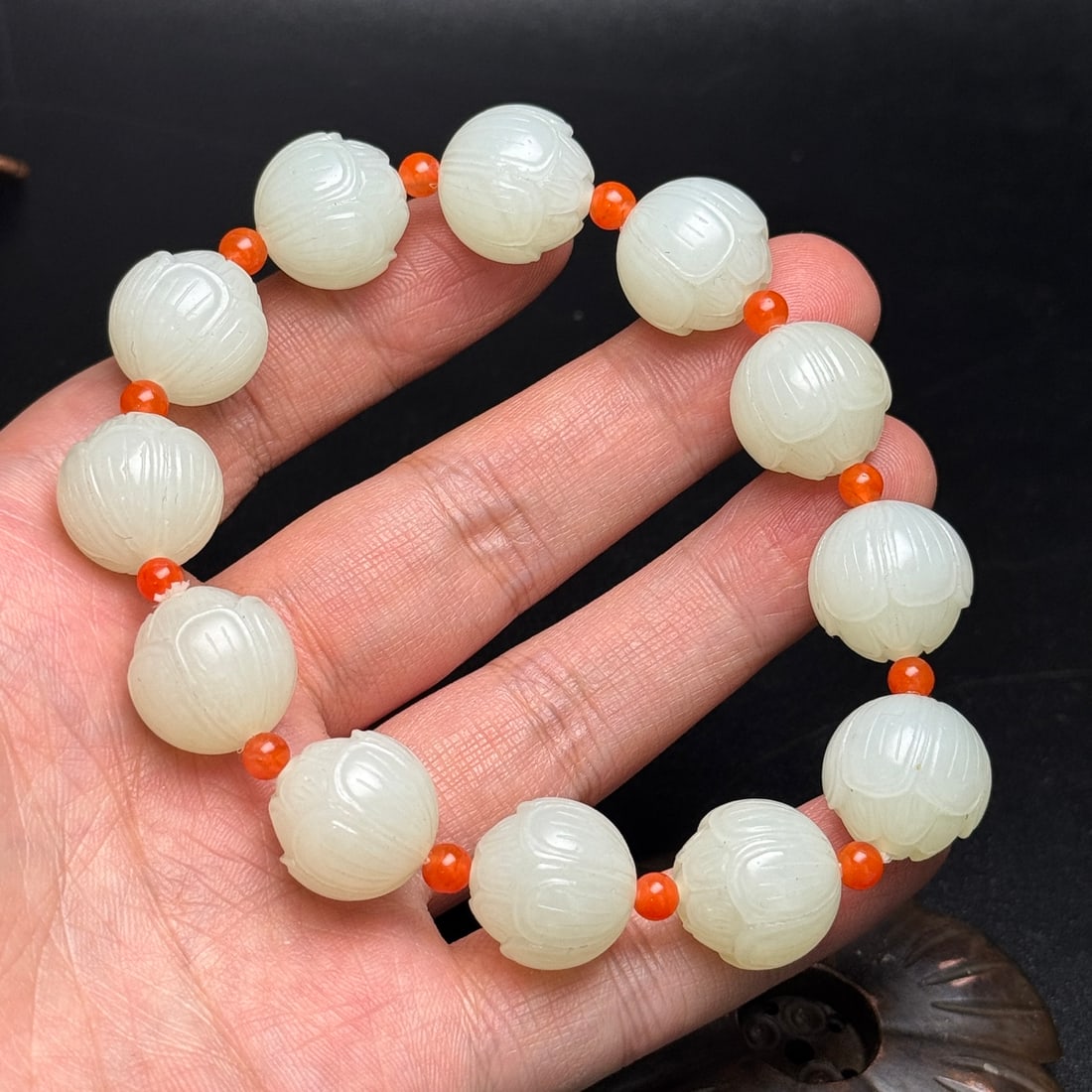 Chinese Hetian Jade Hand-Carved Flower Beads Bracelet w Lotus Flower 71g - 9
