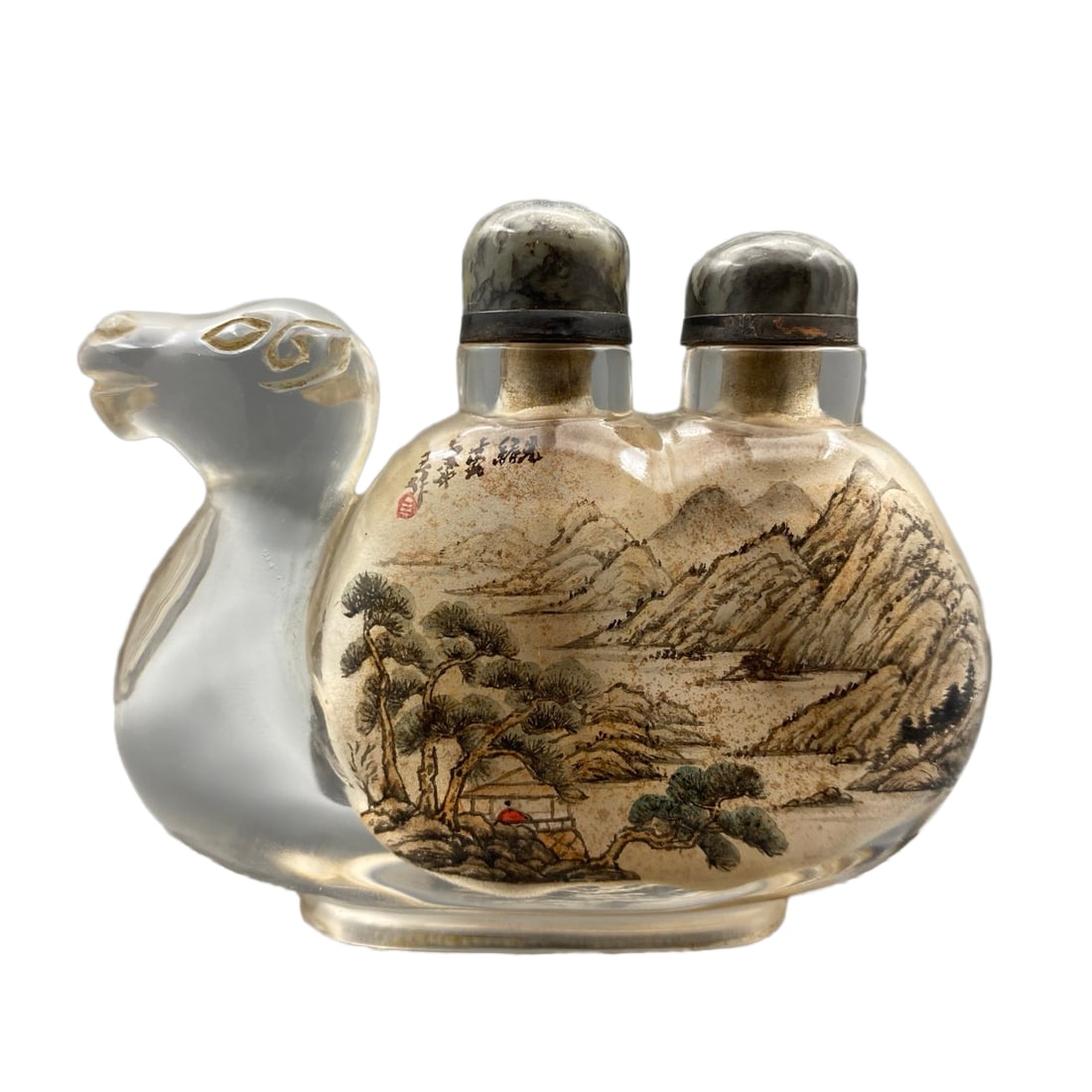 Chinese Peking Glass Inside Painting Canmel Shape Snuff Bottle w Live In Remote Mountains & Stopper (1 of 10)