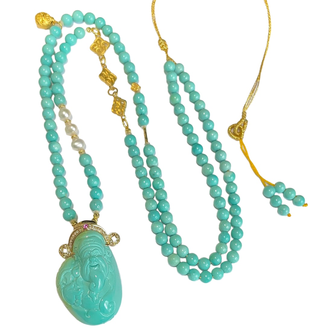 18K Gold Inlay Turquoise Hand-Carved Figure Pendant w Fortune Taoism Deity & Beads Necklace (1 of 10)