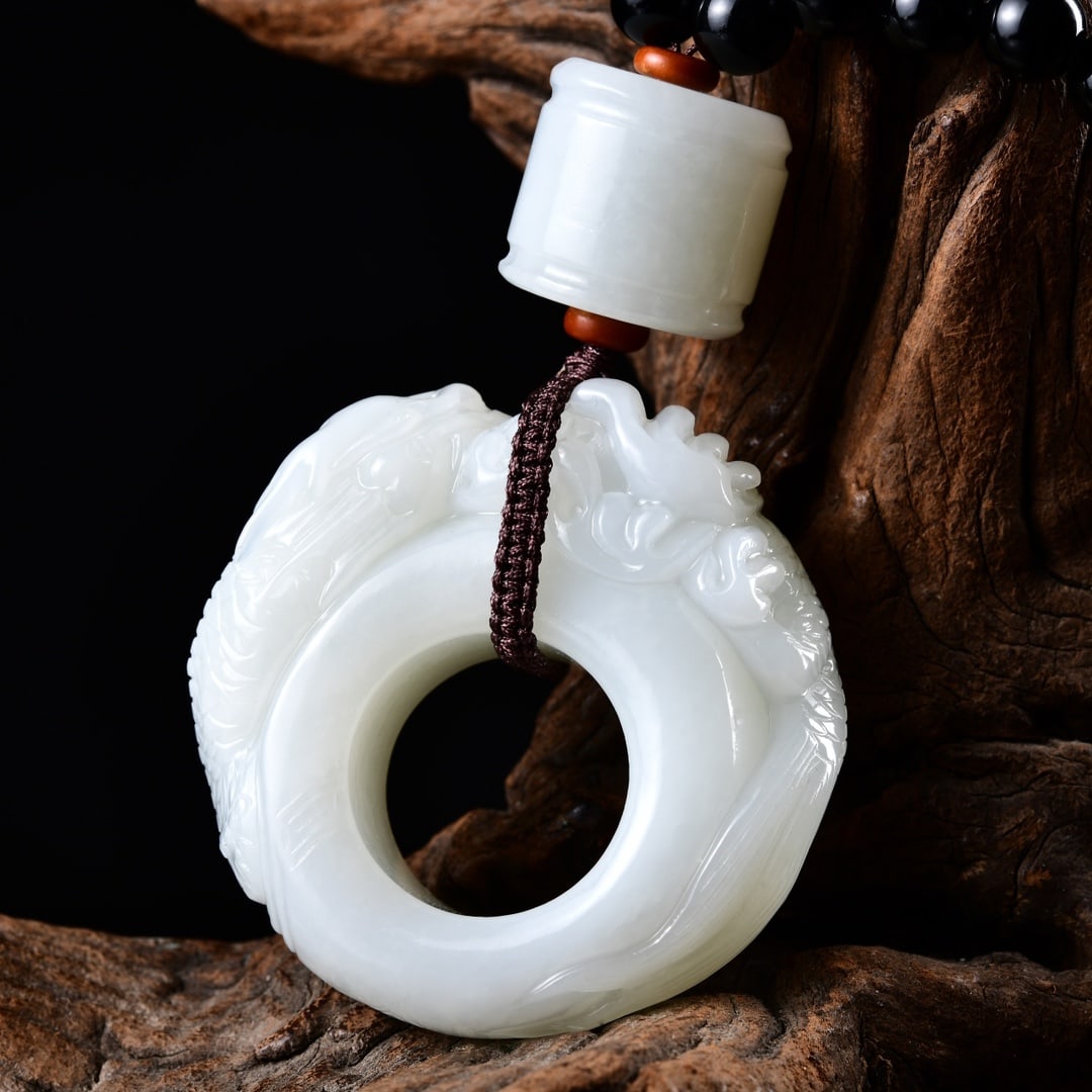 Chinese Hetian Jade Hand-Carved Divine Beast Pendant(Handheld Ornament) w Dragon & Certificate - 2