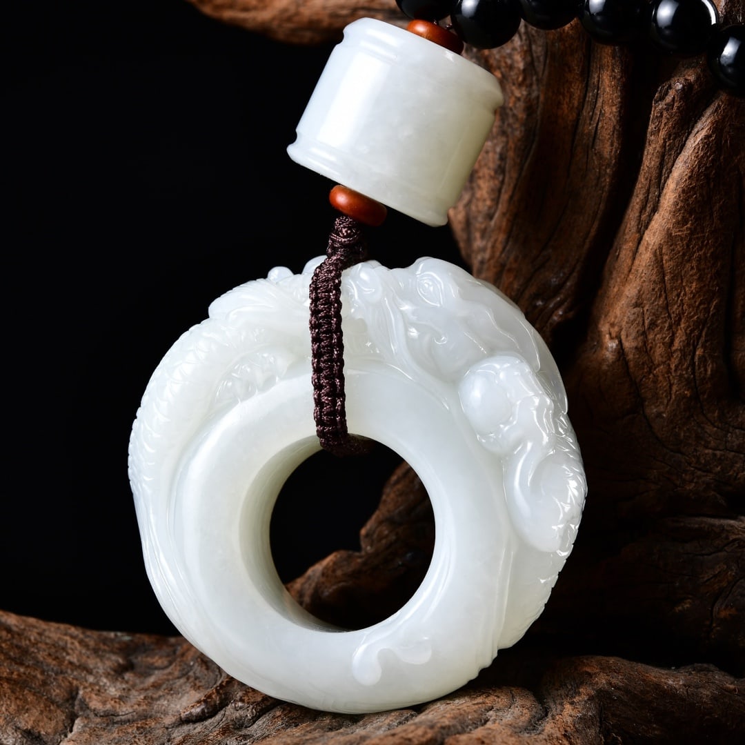 Chinese Hetian Jade Hand-Carved Divine Beast Pendant(Handheld Ornament) w Dragon & Certificate - 3