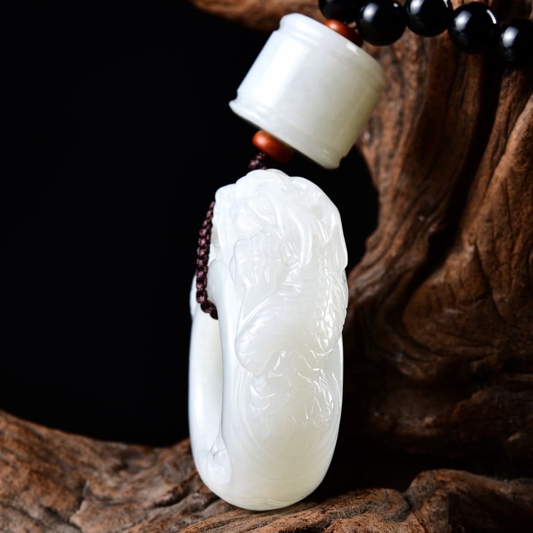 Chinese Hetian Jade Hand-Carved Divine Beast Pendant(Handheld Ornament) w Dragon & Certificate - 4
