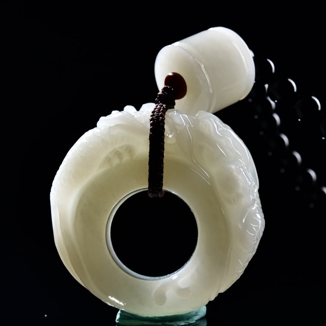 Chinese Hetian Jade Hand-Carved Divine Beast Pendant(Handheld Ornament) w Dragon & Certificate - 5