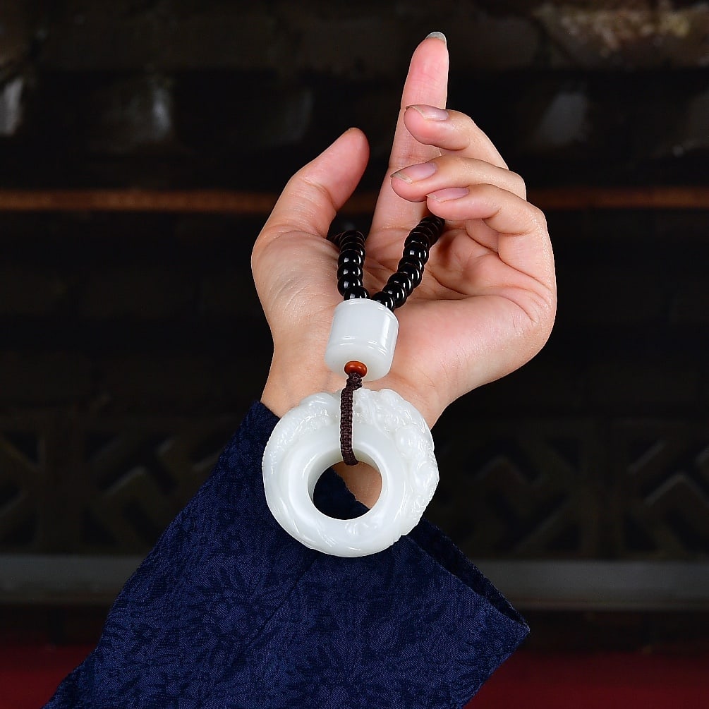 Chinese Hetian Jade Hand-Carved Divine Beast Pendant(Handheld Ornament) w Dragon & Certificate - 6