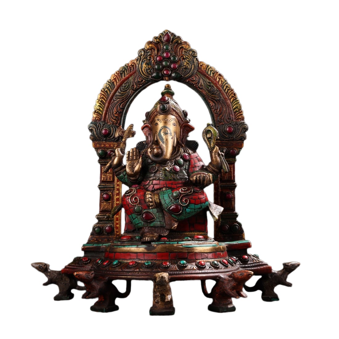Tibetan Gilt Gold Copper Inlay Turquoise & Gems Buddha Statue w Ganesha Buddha 4155g: Tibetan Gilt Gold Copper Inlay Turquoise & Gems Buddha Statue w Ganesha Buddha 4155gDimension: 280 x 270 (mm) 11.02 x 10.63 (inches) Weight: 9.16 lbs/ 4155 g