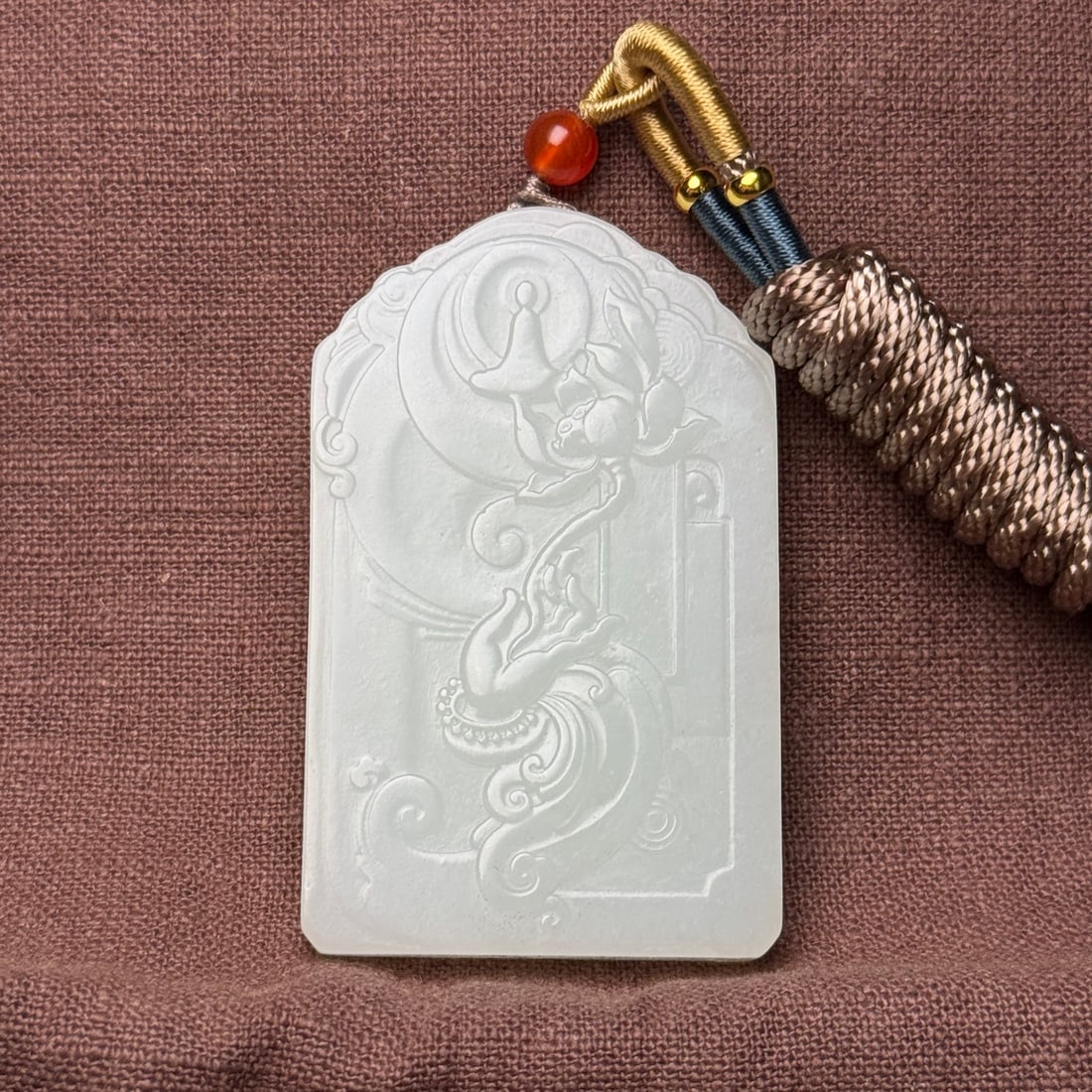 Chinese Hetian Jade Hand-Carved Buddha Pendant w Lotus Flower Kwan-yin 60g - 4