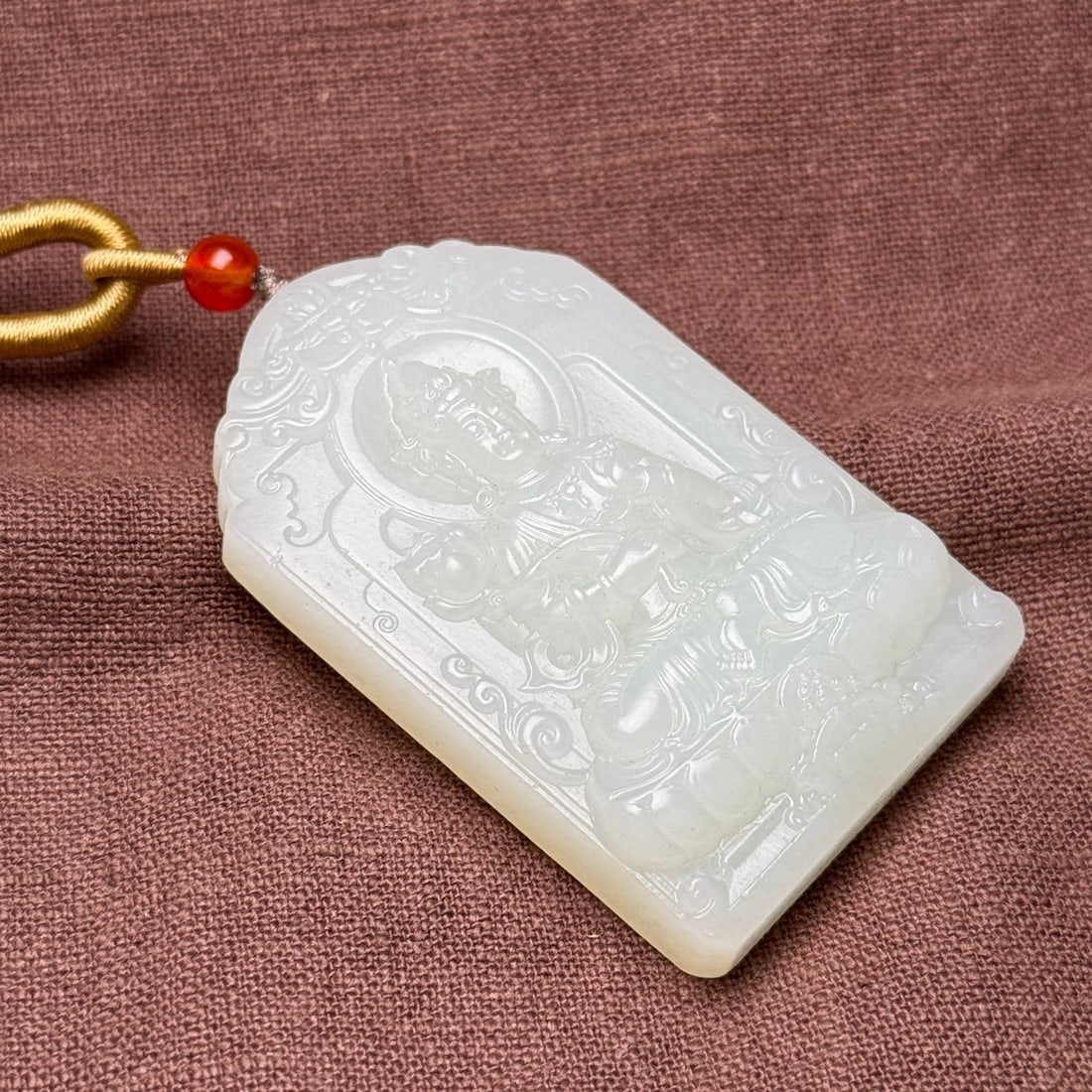 Chinese Hetian Jade Hand-Carved Buddha Pendant w Lotus Flower Kwan-yin 60g - 5