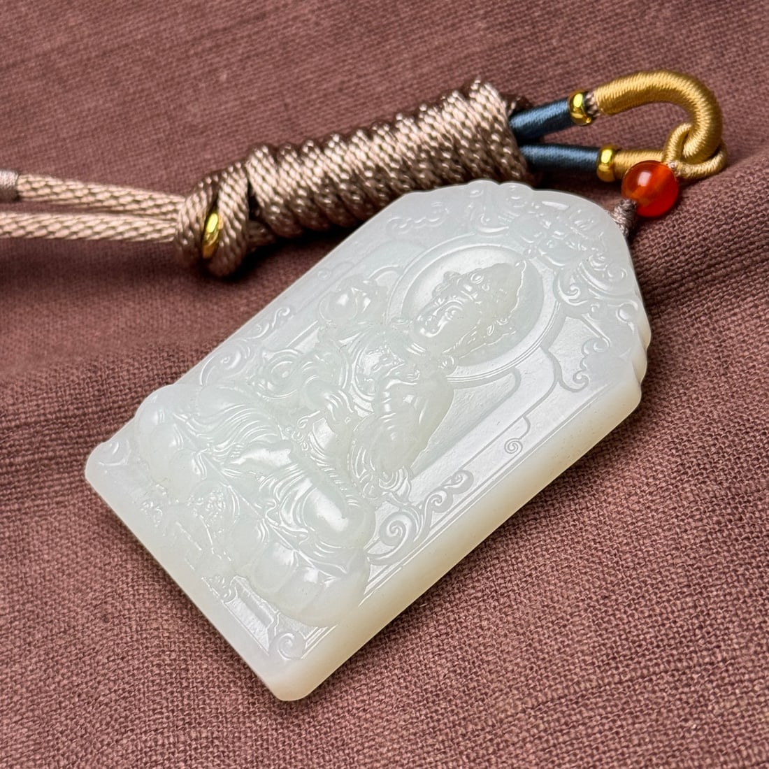 Chinese Hetian Jade Hand-Carved Buddha Pendant w Lotus Flower Kwan-yin 60g - 6