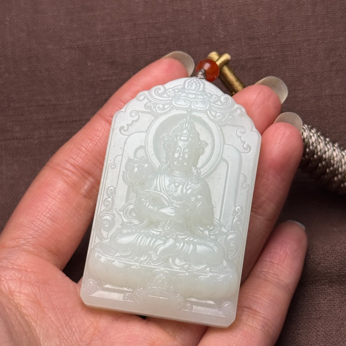 Chinese Hetian Jade Hand-Carved Buddha Pendant w Lotus Flower Kwan-yin 60g - 9