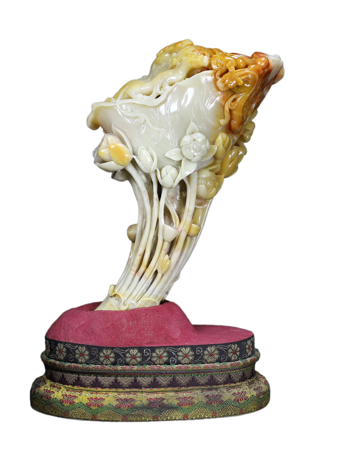 Chinese Shoushan Stone Hand-Carved Beast & Plant Statue w Lotus Leaf & Lotus Flower & Chi Dragon,Old (1 of 15)