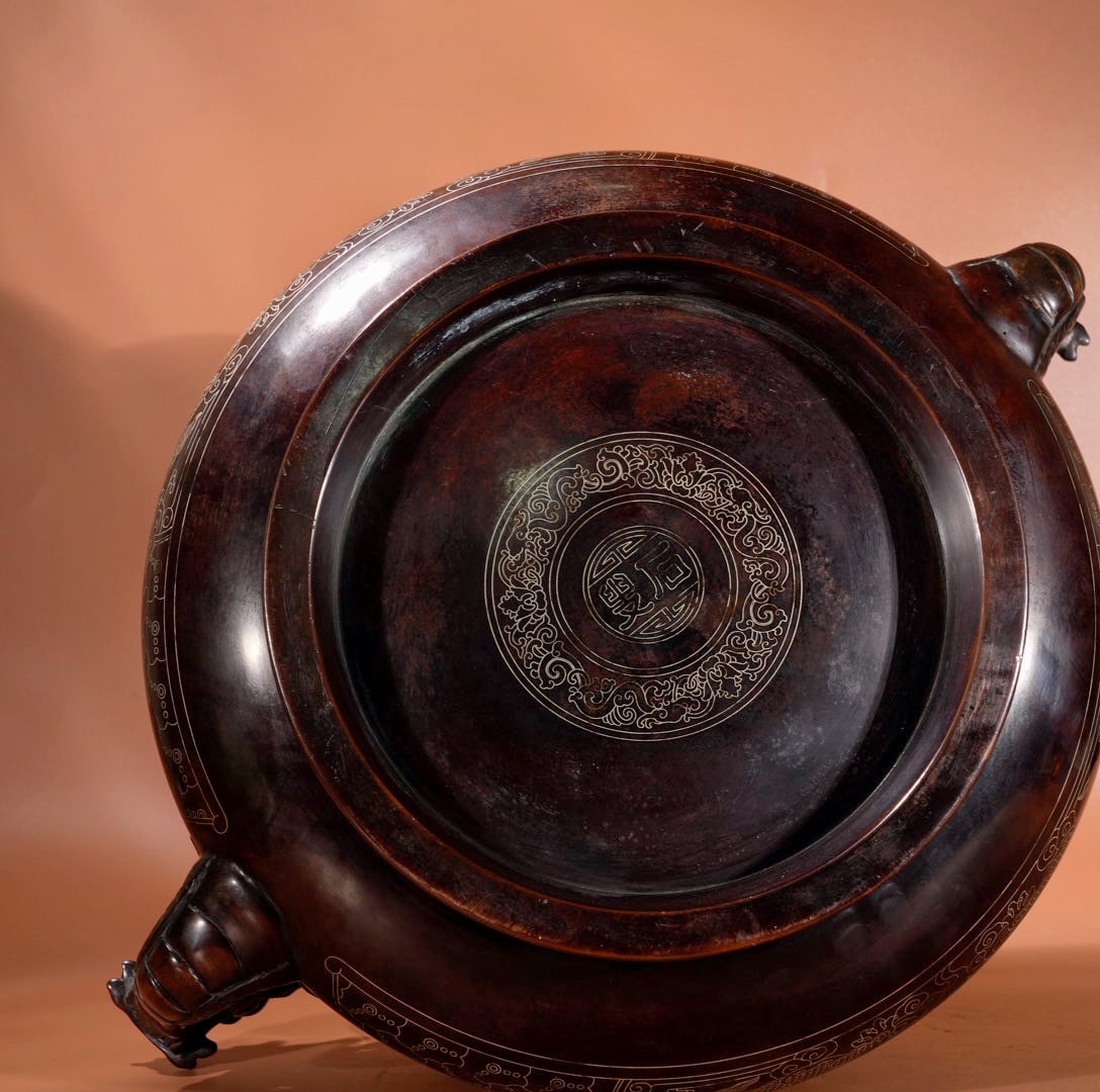 Chinese Copper Inlay Silver Wires Double Ears Incense Burner w Fortune Dragon 16430g - 10