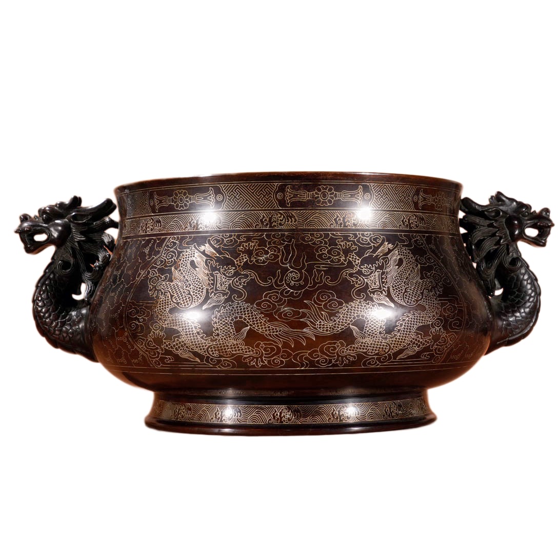 Chinese Copper Inlay Silver Wires Double Ears Incense Burner w Fortune Dragon 16430g: Chinese Copper Inlay Silver Wires Double Ears Incense Burner w Fortune Dragon 16430gDimension: 280 x 180 (mm) 11.02 x 7.09 (inches) Weight: 36.22 lbs/ 16430 g