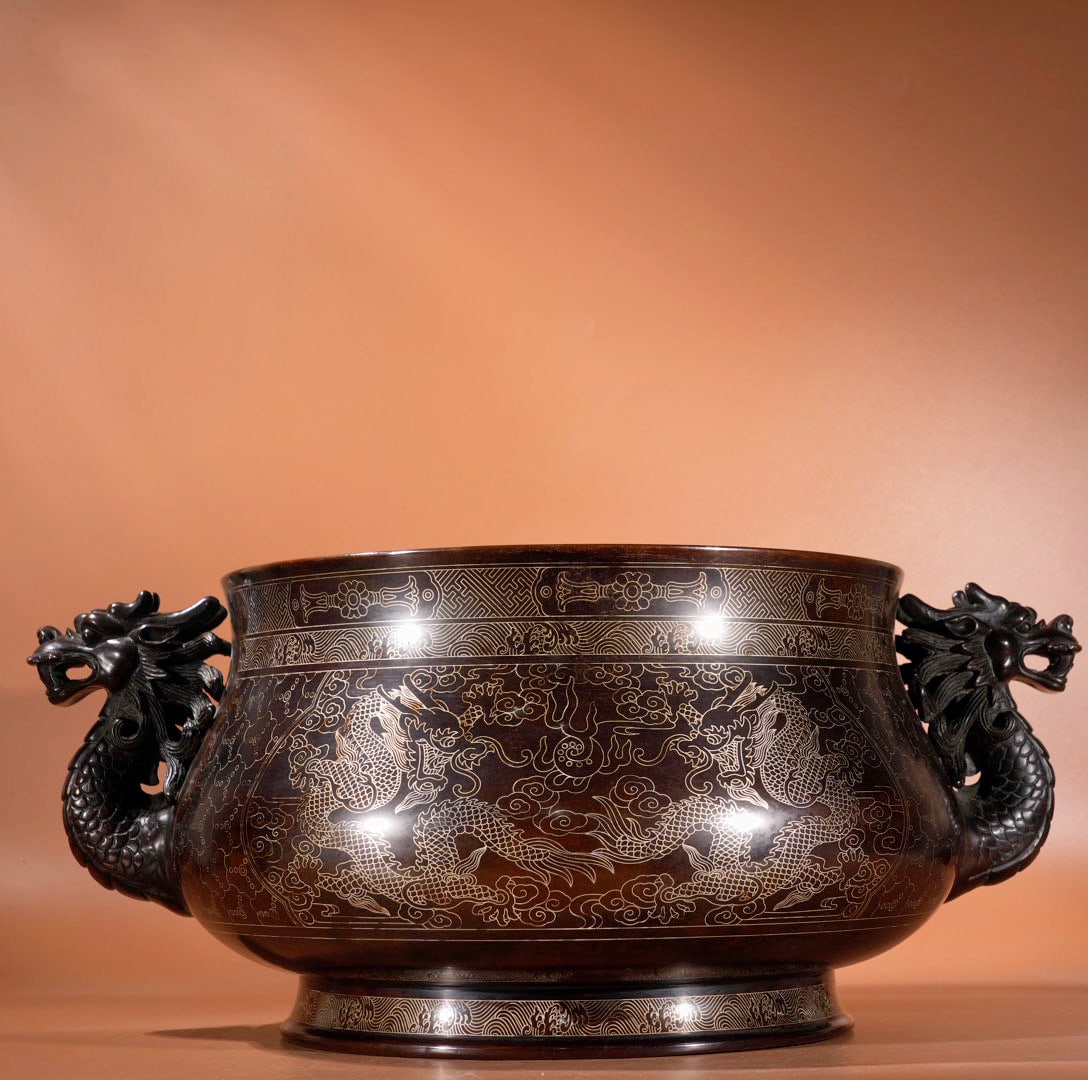 Chinese Copper Inlay Silver Wires Double Ears Incense Burner w Fortune Dragon 16430g - 2