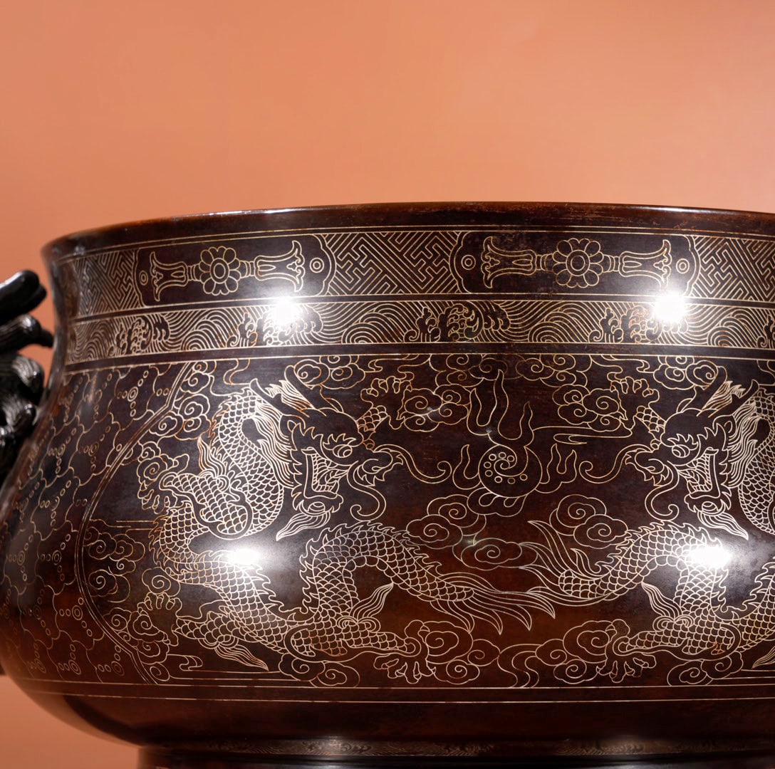 Chinese Copper Inlay Silver Wires Double Ears Incense Burner w Fortune Dragon 16430g - 3