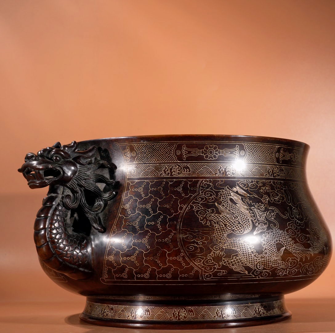 Chinese Copper Inlay Silver Wires Double Ears Incense Burner w Fortune Dragon 16430g - 4