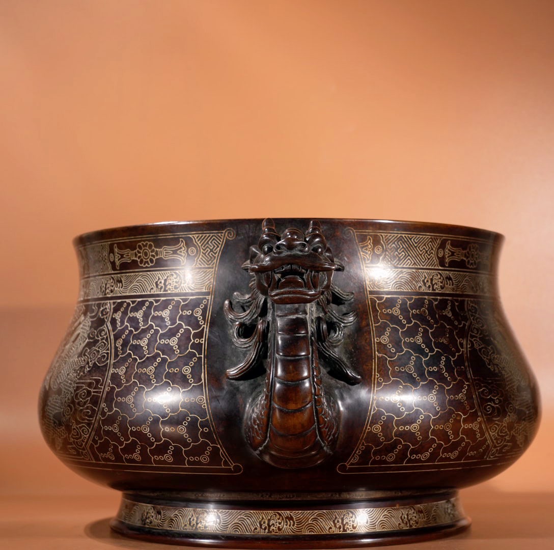 Chinese Copper Inlay Silver Wires Double Ears Incense Burner w Fortune Dragon 16430g - 5