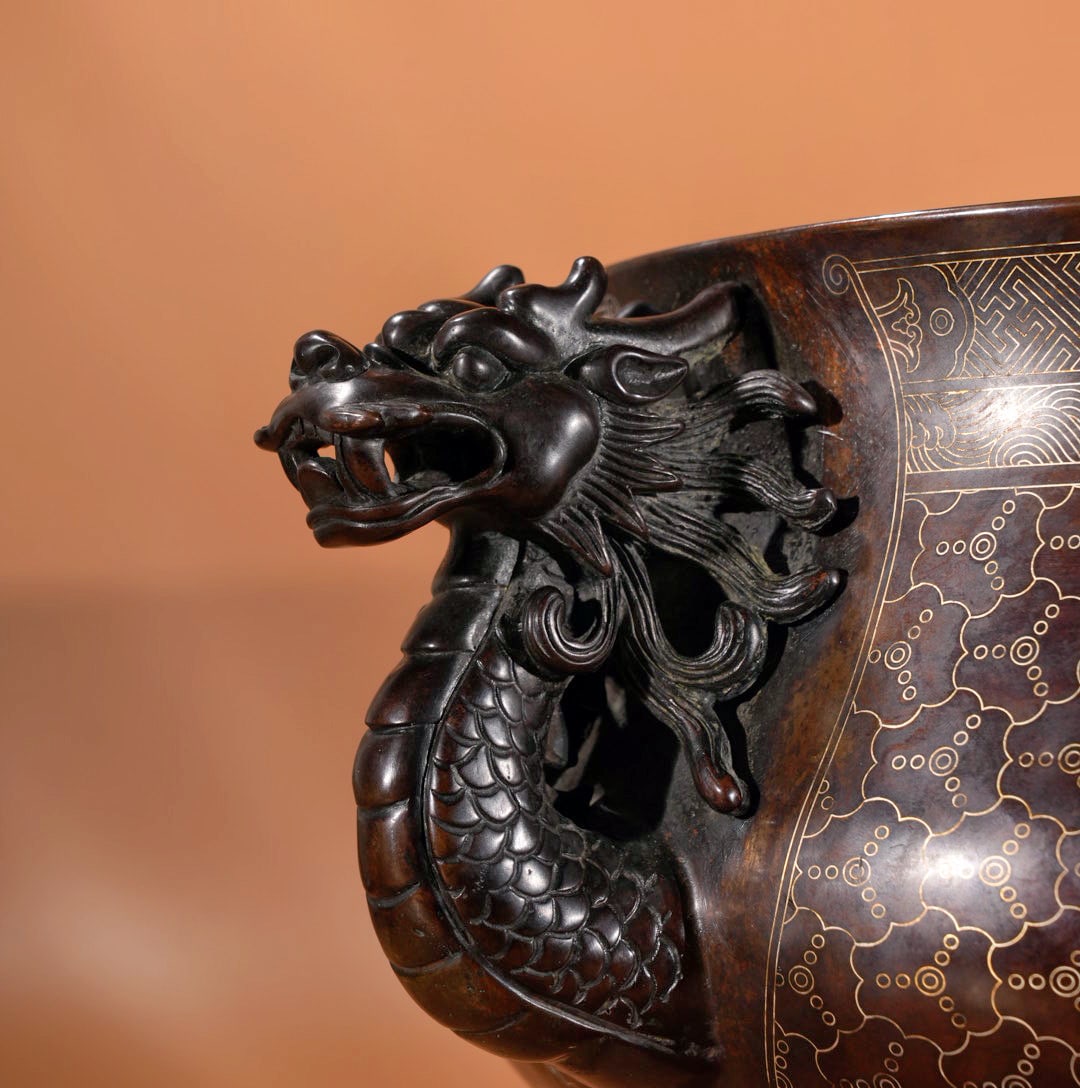 Chinese Copper Inlay Silver Wires Double Ears Incense Burner w Fortune Dragon 16430g - 9