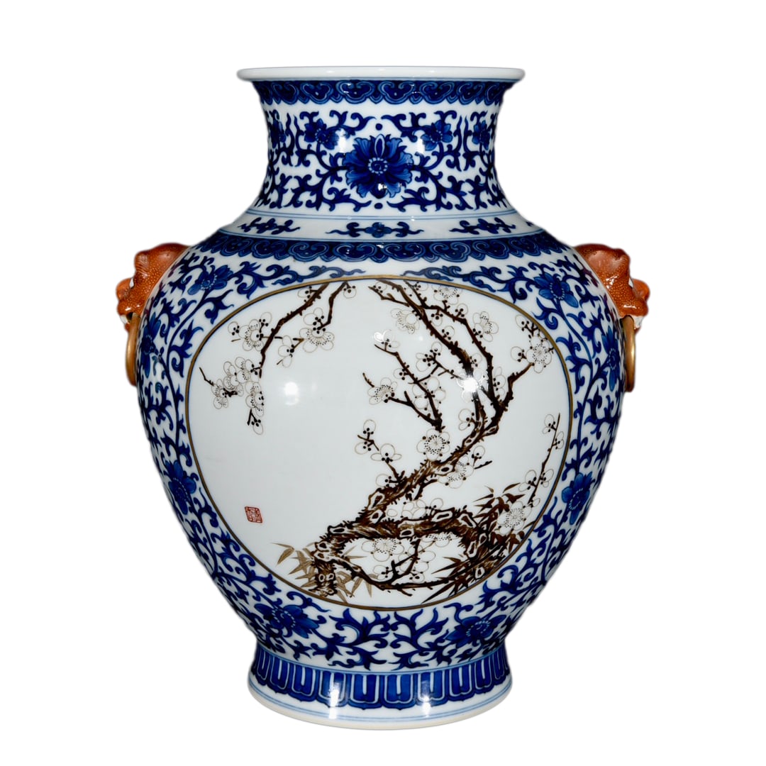Chinese Blue And White Porcelain + Mocai Porcelain Double Eae Vase w Flowers,Wild Goose: Chinese Blue And White Porcelain + Mocai Porcelain Double Eae Vase w Flowers,Wild Goose 260mmx230mm, Qing Dynasty Dimension: 260 x 230 (mm) 10.24 x 9.05 (inches)