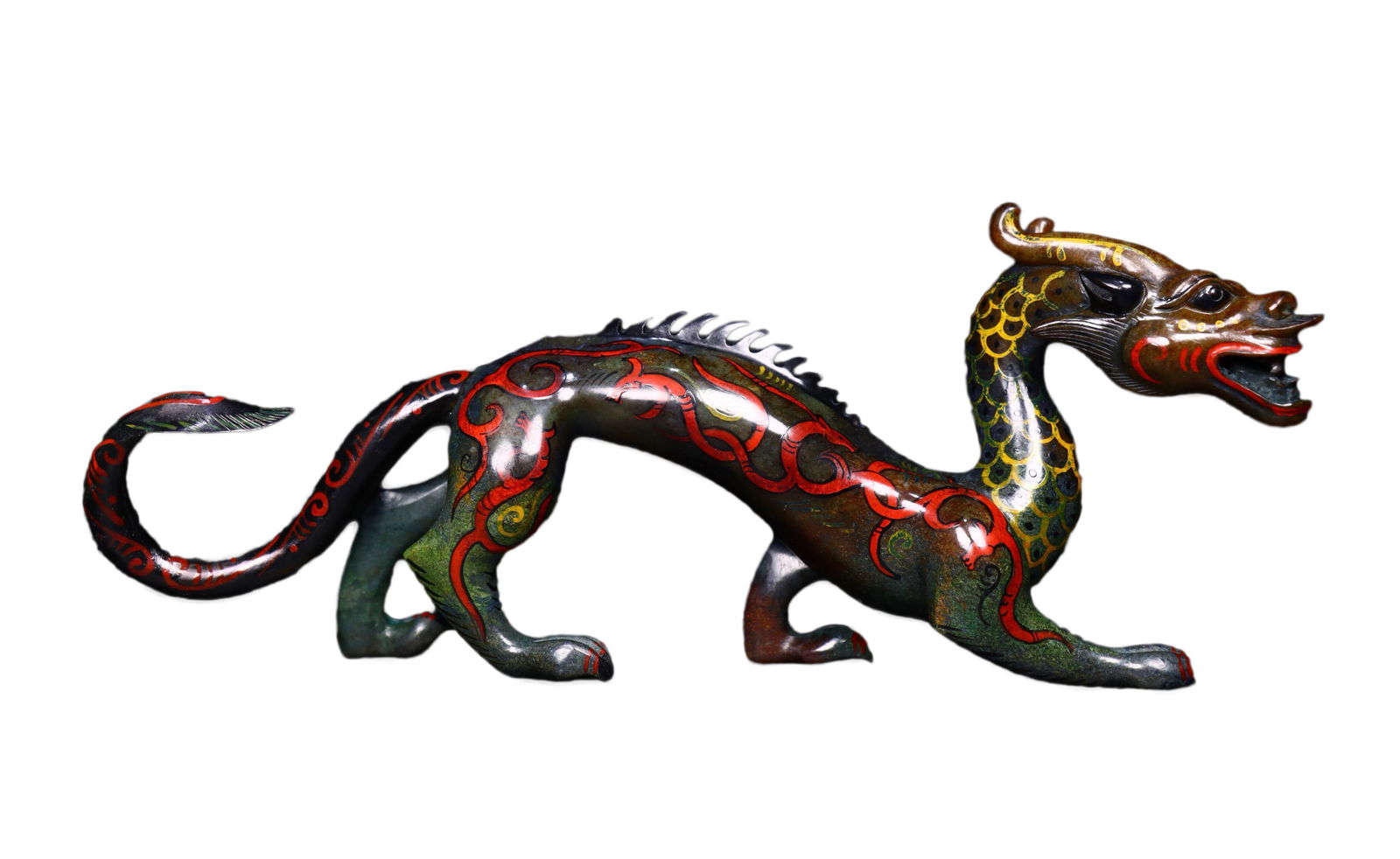 Chinese Colored Drawing Hetian Jade Hand-Carved Divine Beast Statue w Fortune Dragon,Old 776g (1 of 10)