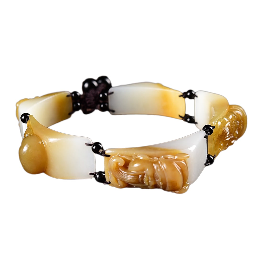 Chinese Sugar White Hetian Jade Hand-Carved Figure Beads Bracelet w Taoism Deity Fukurokuju 61g: Chinese Sugar White Hetian Jade Hand-Carved Figure Beads Bracelet w Taoism Deity Fukurokuju 61gDimension: 39 x 17 x 14 (mm) 1.53 x 0.67 x 0.55 (inches) Weight: 0.13 lbs/ 61 g