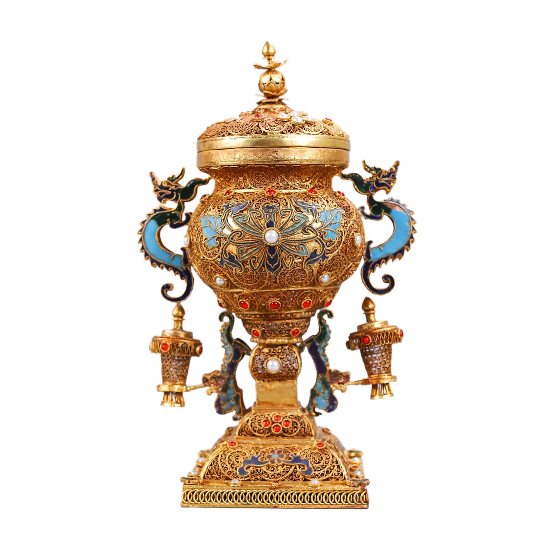 Chinese Gold Wires Enamel Inlay Pearl & Nanhong Agate Beast Incense Burner w Fortune Dragon 1130g (1 of 11)