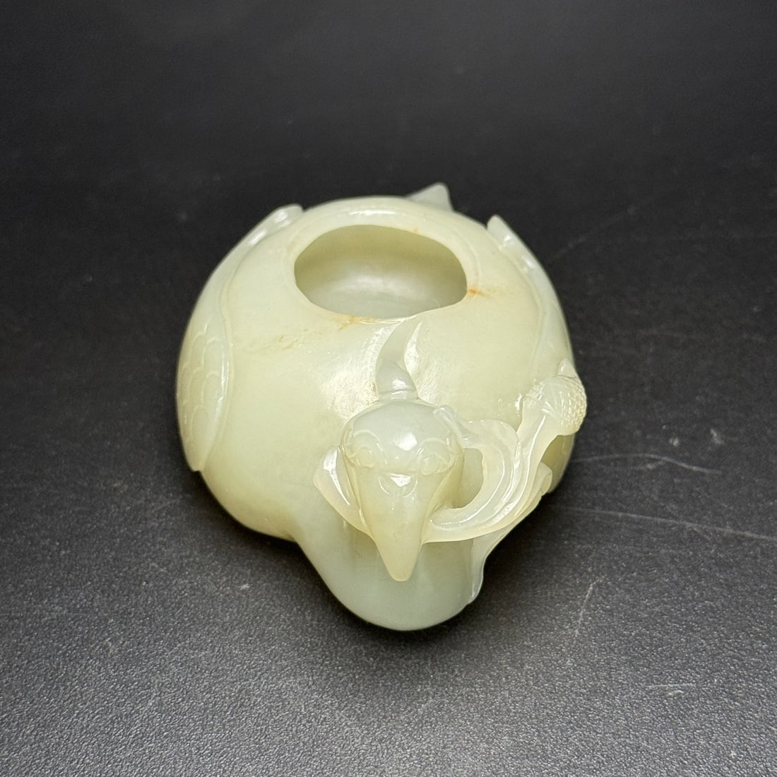 Chinese Hetian Jade Hand-Carved Animal Brush Washer w Bird 115g - 3