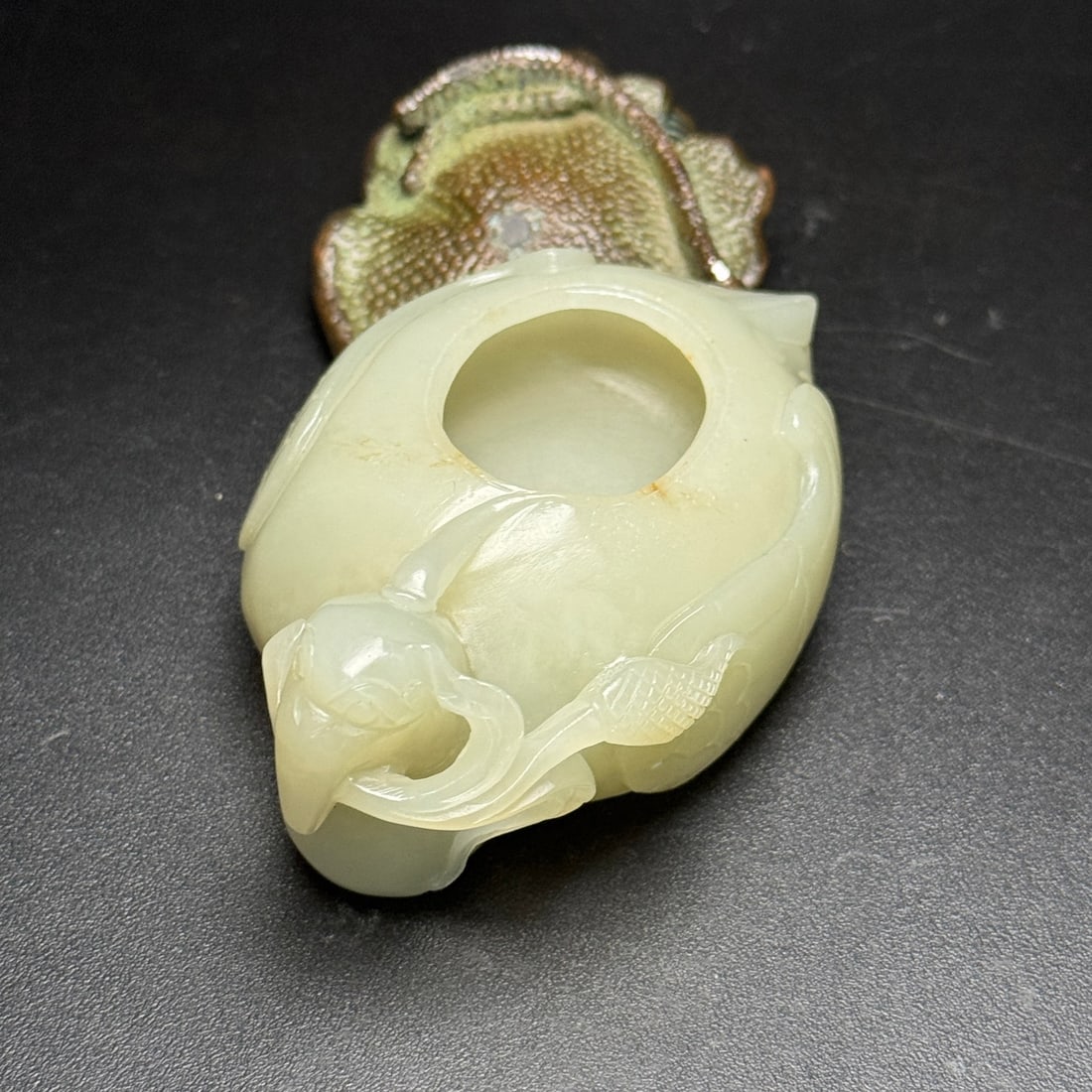 Chinese Hetian Jade Hand-Carved Animal Brush Washer w Bird 115g - 8