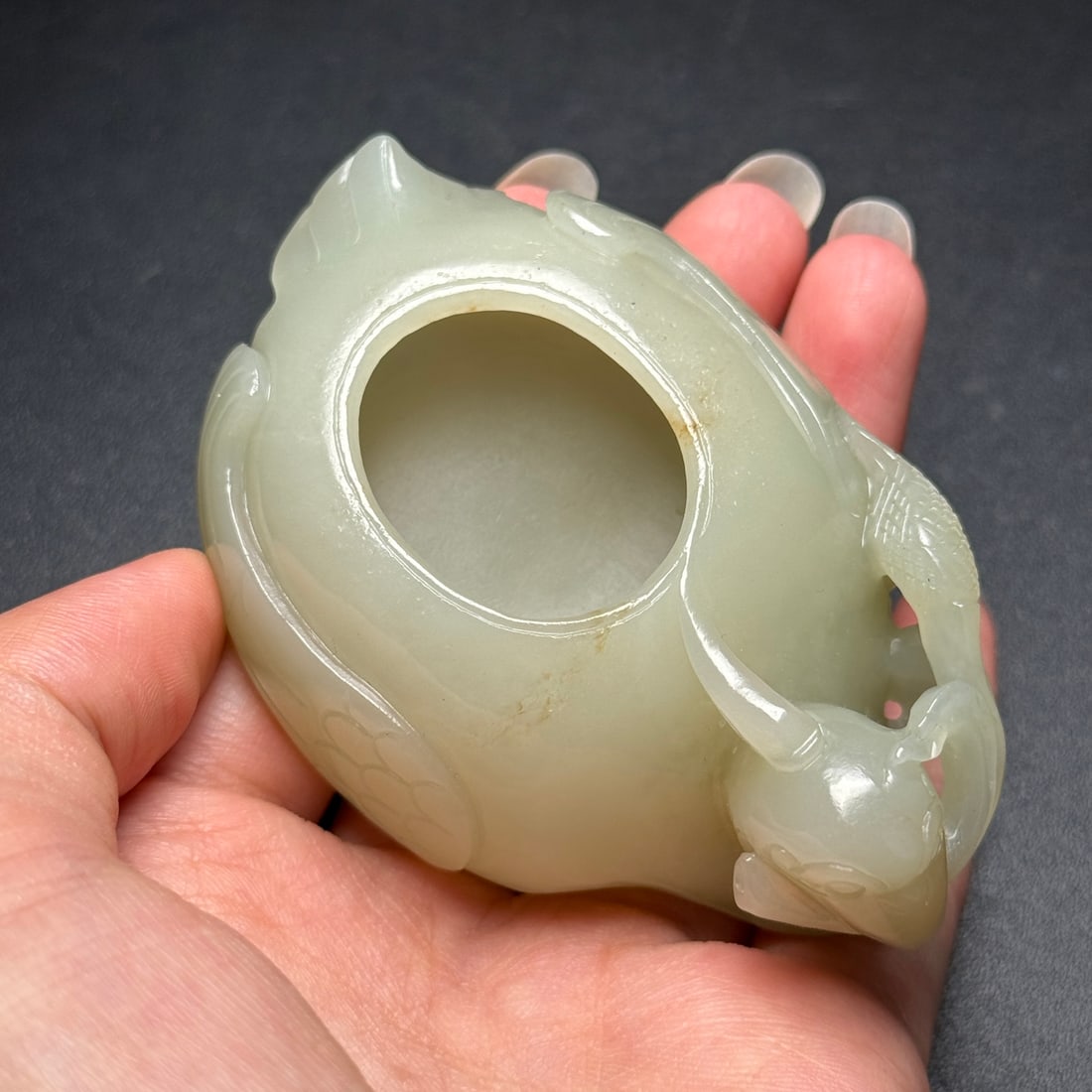 Chinese Hetian Jade Hand-Carved Animal Brush Washer w Bird 115g - 9