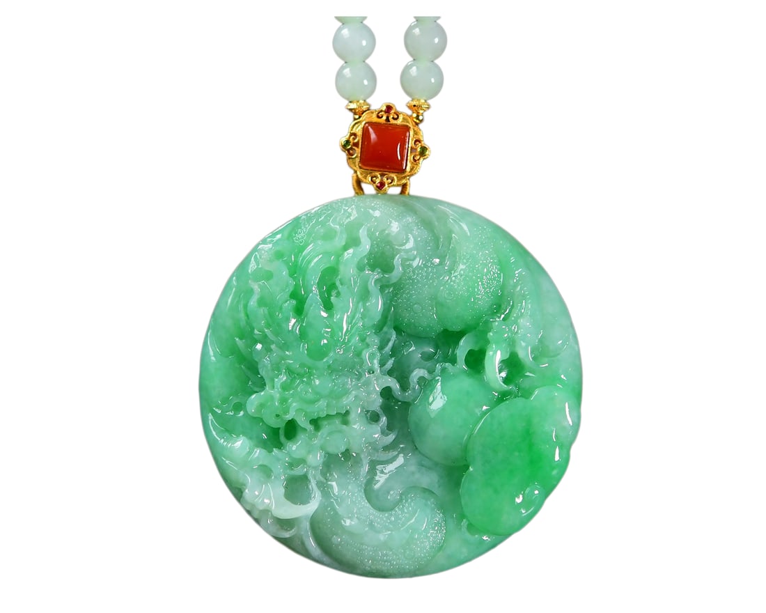 Green Jadeite Hand-Carved Beast Pendant w Fortune Dragon & w Hand Woven Beads Necklace: Green Jadeite Hand-Carved Beast Pendant w Fortune Dragon & w Hand Woven Beads NecklaceDimension: 52 x 13 (mm) 2.05 x 0.51 (inches)