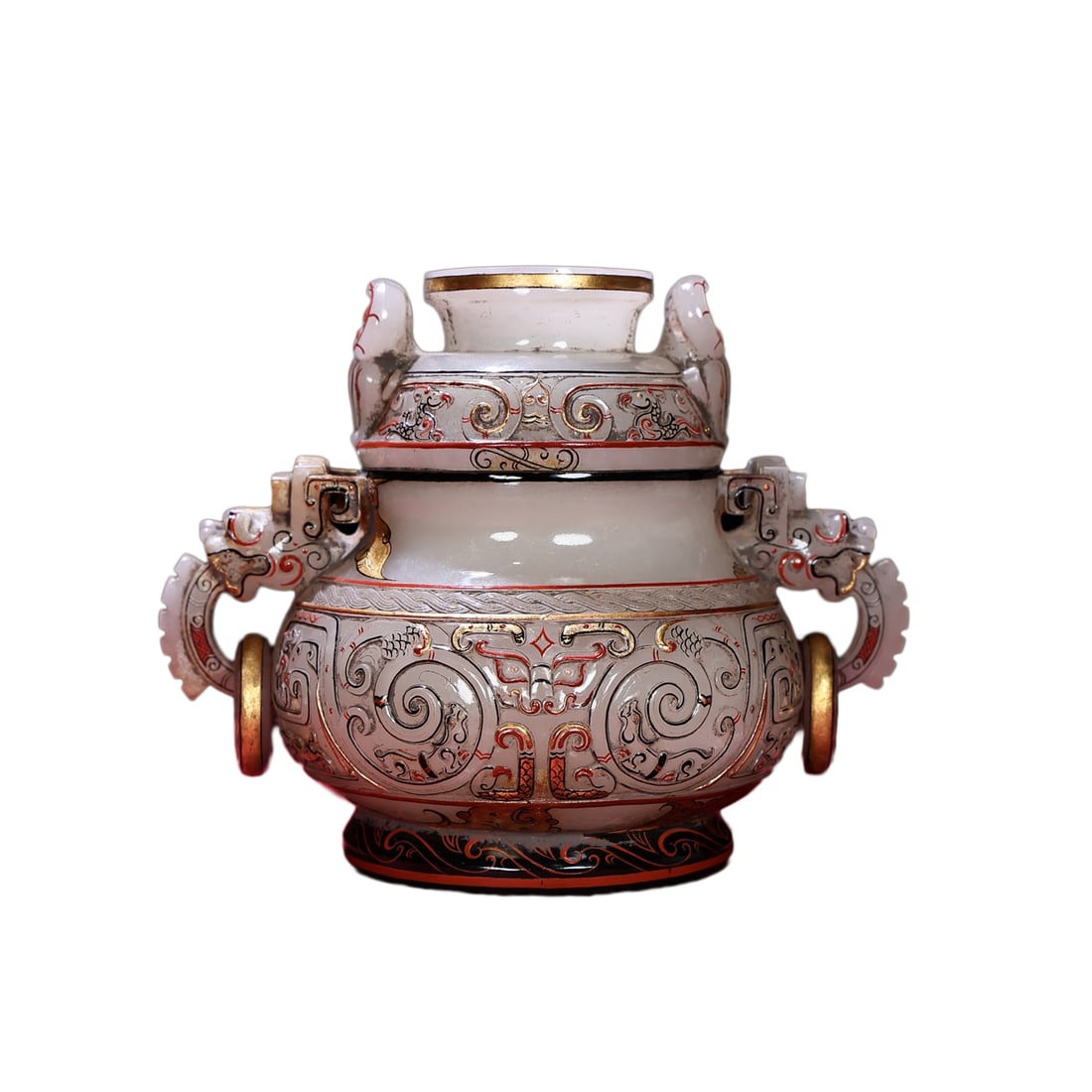 Chinese Colored Drawing Hetian Jade Hand-Carved Double Rings Beast Incense Burner w Fortune Dragon 7 (1 of 9)