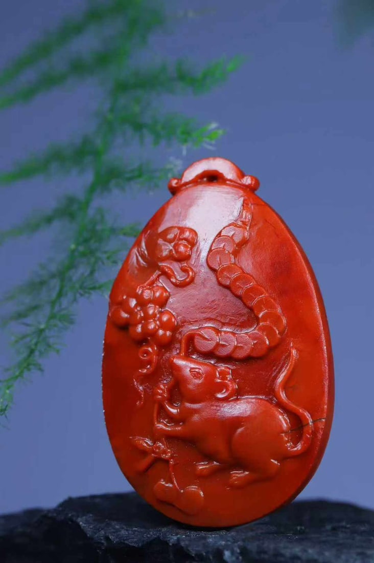 Chinese Nanhong Agate Hand-Carved Animal Pendant w Fortune Mouse 14.5g - 4