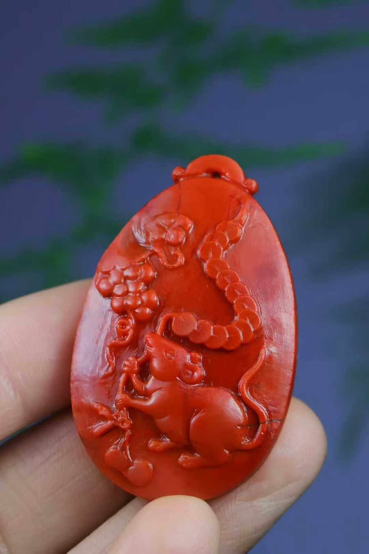 Chinese Nanhong Agate Hand-Carved Animal Pendant w Fortune Mouse 14.5g - 7