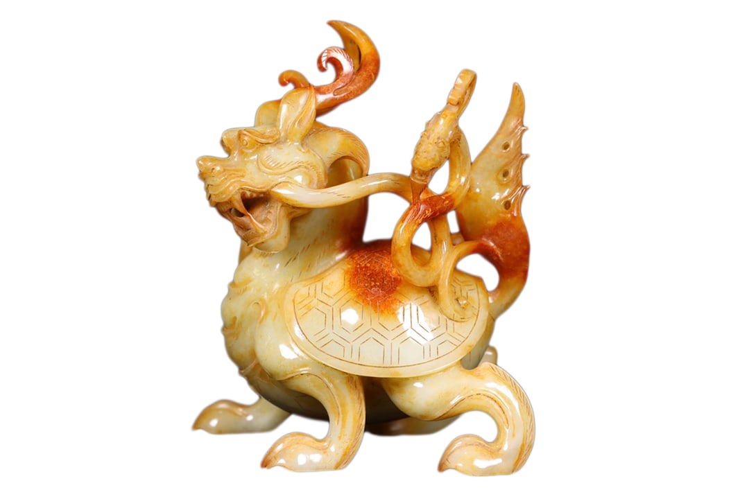 Chinese Hetian Jade Hand-Carved Divine Beast Statue w Dragon Turtle,Old 796g (1 of 10)