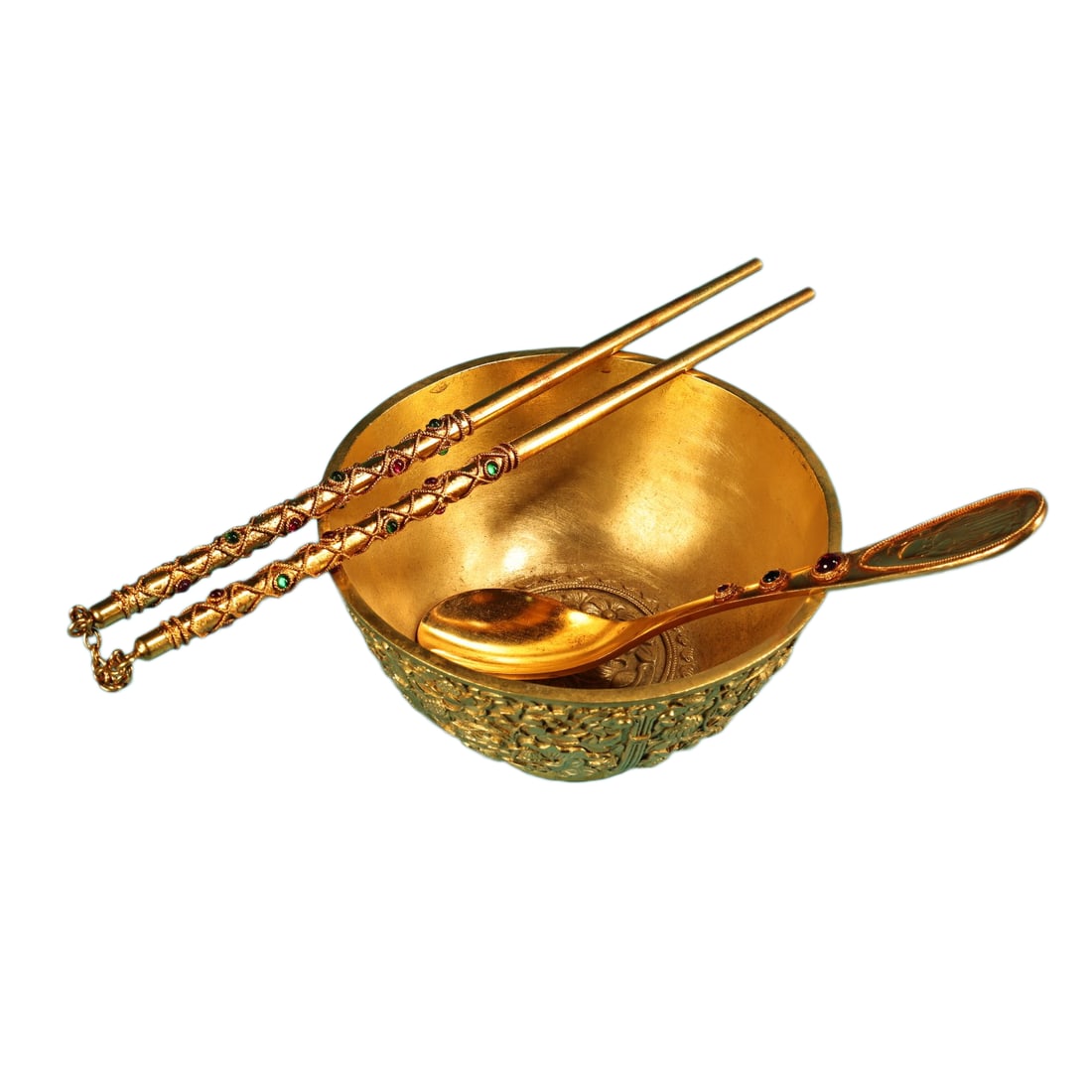 Chinese Gilt-Gold Copper High Relief Plant Bowl,Chopsticks,Spoon w Flowers: Chinese Gilt-Gold Copper High Relief Plant Bowl,Chopsticks,Spoon w Flowers Bowl Dimension: 130 x 70 (mm) 5.12 x 2.75 (inches) Bowl Weight: 1.28 lbs/ 580 gChopsticks Dimension: 220 (mm) 8.66 (inches) S