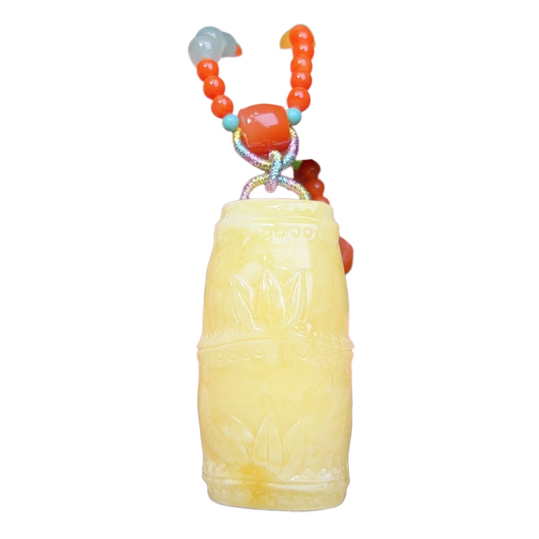 Beeswax Hand-Carved Plant Pendant w Fortune Bmaboo & Hand Woven Nanhong Agate Beads Necklace 26g: Beeswax Hand-Carved Plant Pendant w Fortune Bmaboo & Hand Woven Nanhong Agate Beads Necklace 26gDimension: 45 x 23 x 18 (mm) 1.77 x 0.90 x 0.71 (inches) Weight: 0.06 lbs/ 26 g