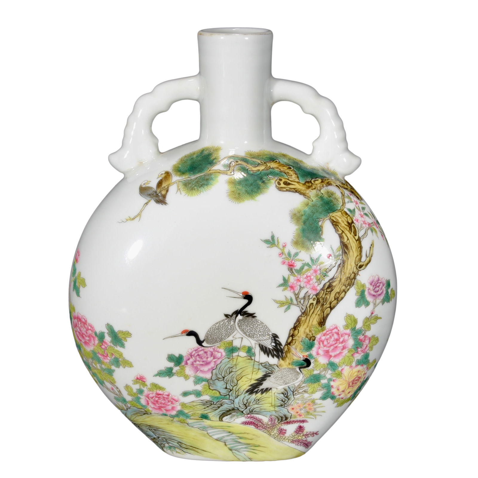 Chinese Famille Rose Porcelain Animal & Plant Moonflask Vase w Pine Tree & Crane 220mmx80mm (1 of 10)