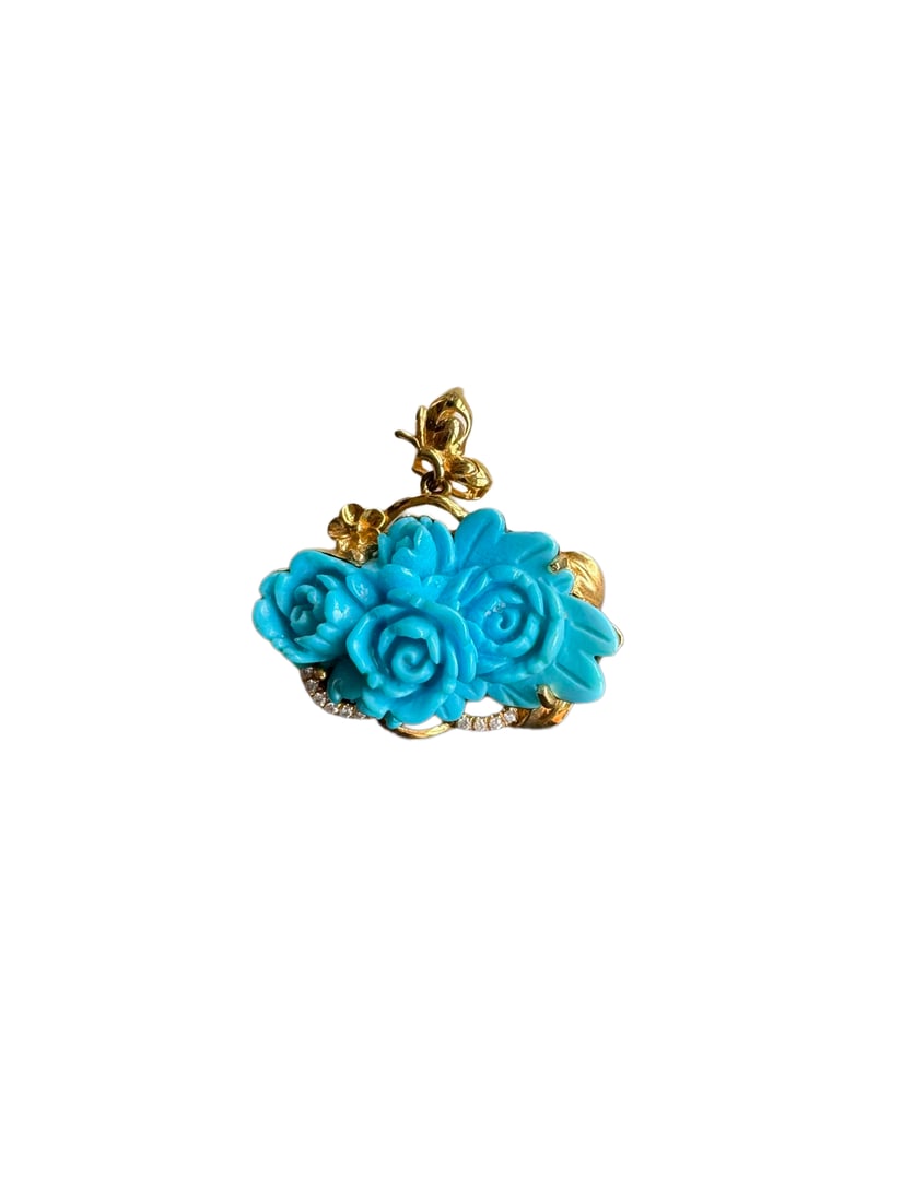 18K Gold Inlay Turquoise Hand-Carved Animal & Plant Pendant w Butterfly & Flowers: 18K Gold Inlay Turquoise Hand-Carved Animal & Plant Pendant w Butterfly & FlowersDimension: 21.2 x 21 x 10 (mm) 0.83 x 0.83 x 0.39 (inches)