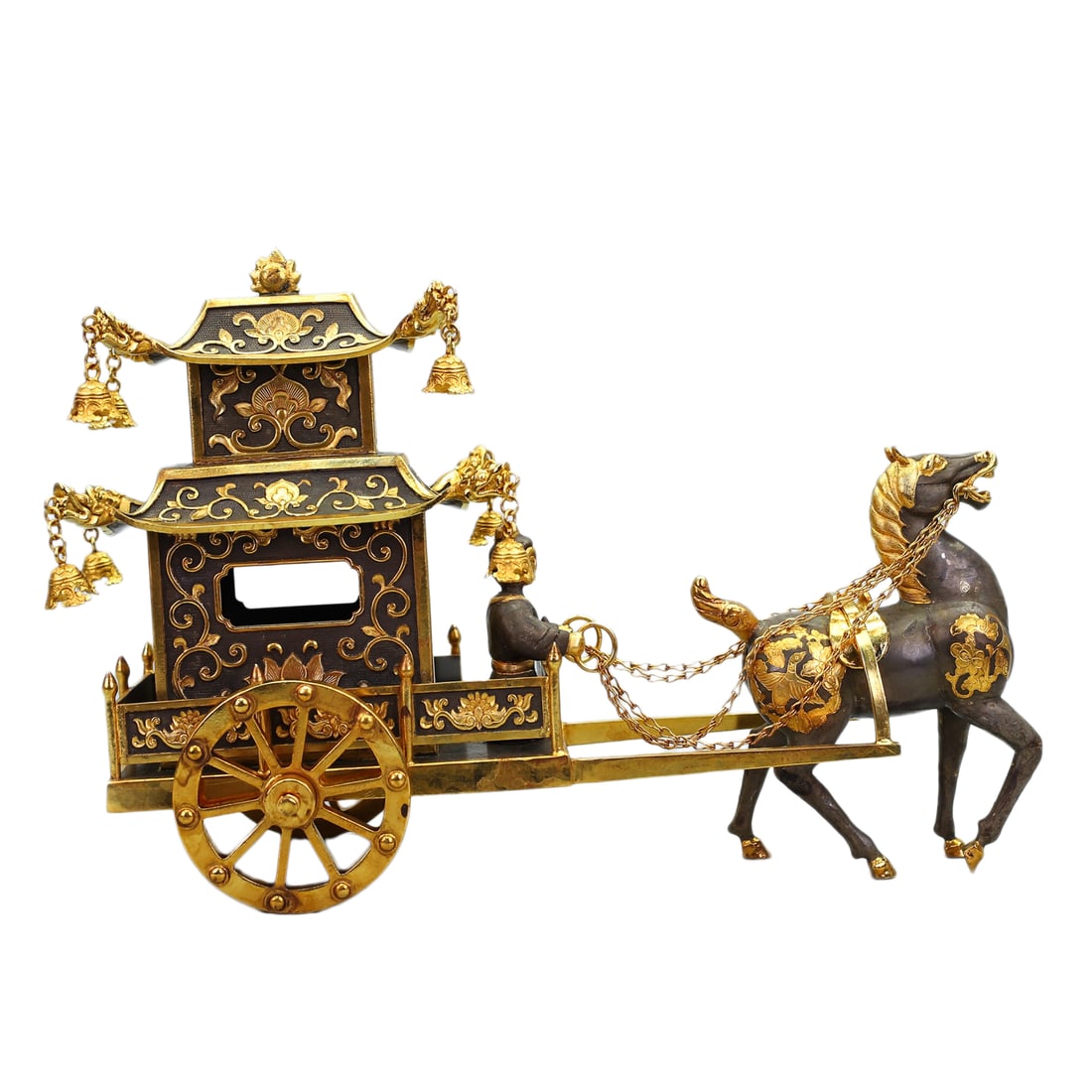 Chinese Gilt-Gold Copper Statue w Horse-drawn Carriage,Old 2520g (1 of 11)