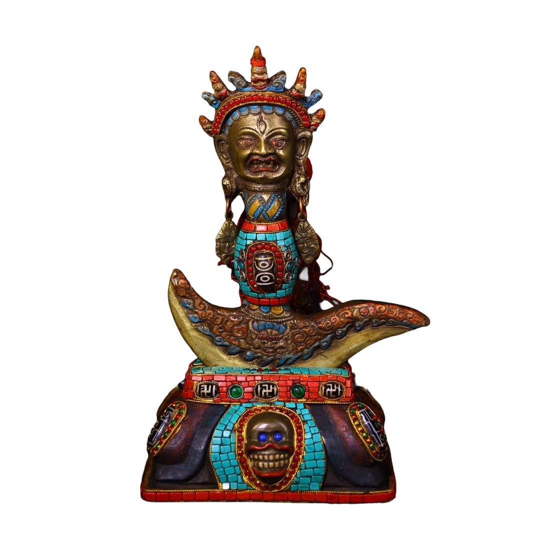 Tibetan Gilt Gold Copper Inlay Turquoise,Turquoise,Lapis Lazuli,DZI Agate Dharma-vessel Statue: Tibetan Gilt Gold Copper Inlay Turquoise,Turquoise,Lapis Lazuli,DZI Agate Dharma-vessel Statue Dimension: 280 x 170 (mm)11.02 x 6.69 (inches) Weight: 5.07 lbs/ 2300 g