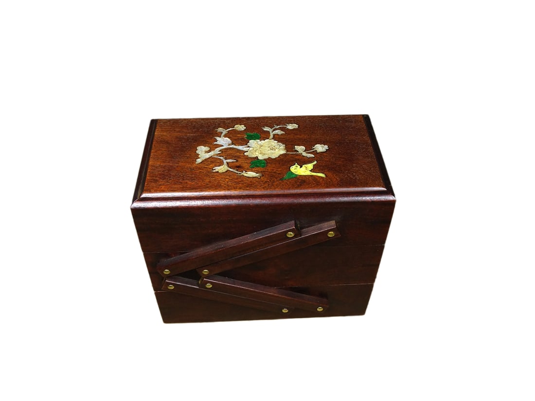 Chinese Huali Wood Inlay Shell Flowers Bird Three Layers Jewellery Box w Plum Flower & Magpie,Old (1 of 10)