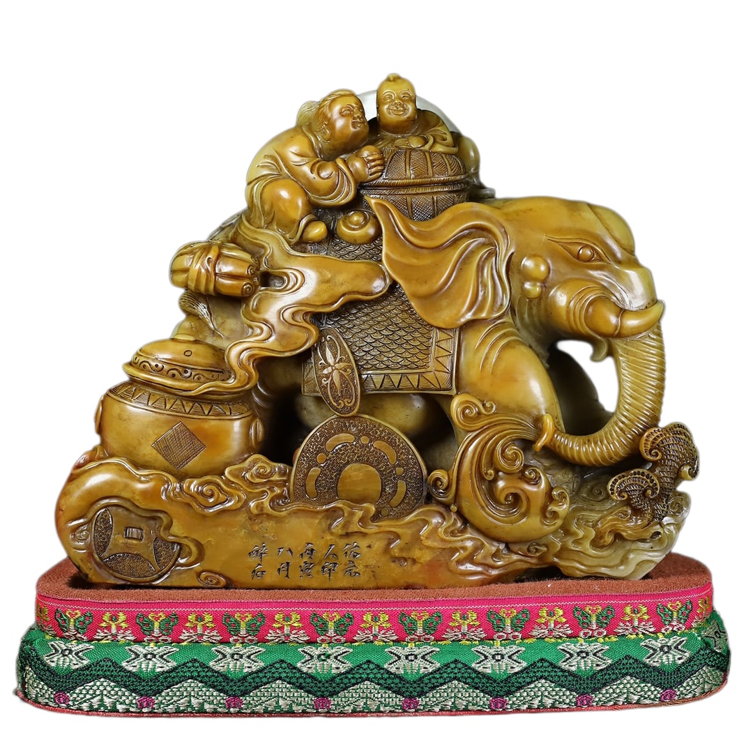 Chinese Tianhuang Stone Hand-Carved Animal,Figure Seal Statue w Elephant & Kid,Old (1 of 10)