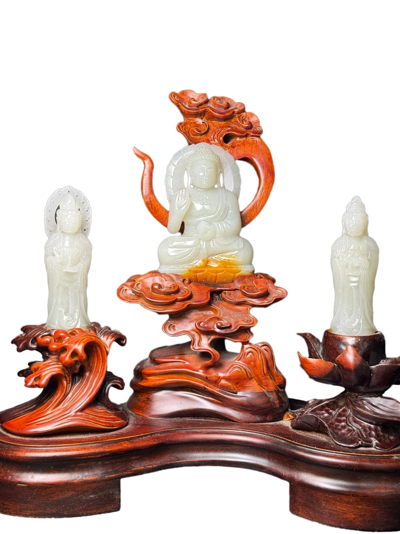 Chinese Hetian Jade Hand-Carved Buddha Statue w Kwan-yin & Wood Base (1 of 10)