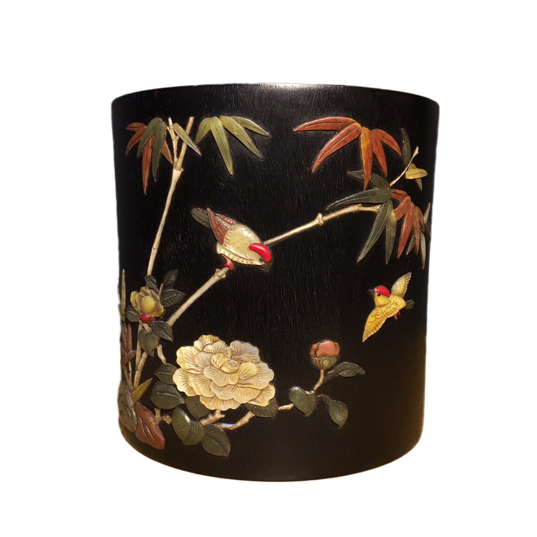 Chinese Zitan Wood Inlay Shoushan Stone & Shell Flowers Bird Brush Pot,Old 1325g (1 of 10)