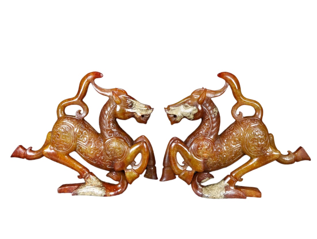 A Pair Chinese Hetian Jade Hand-Carved Animal Statue w Horse & Swallow,Old 1874g (1 of 11)