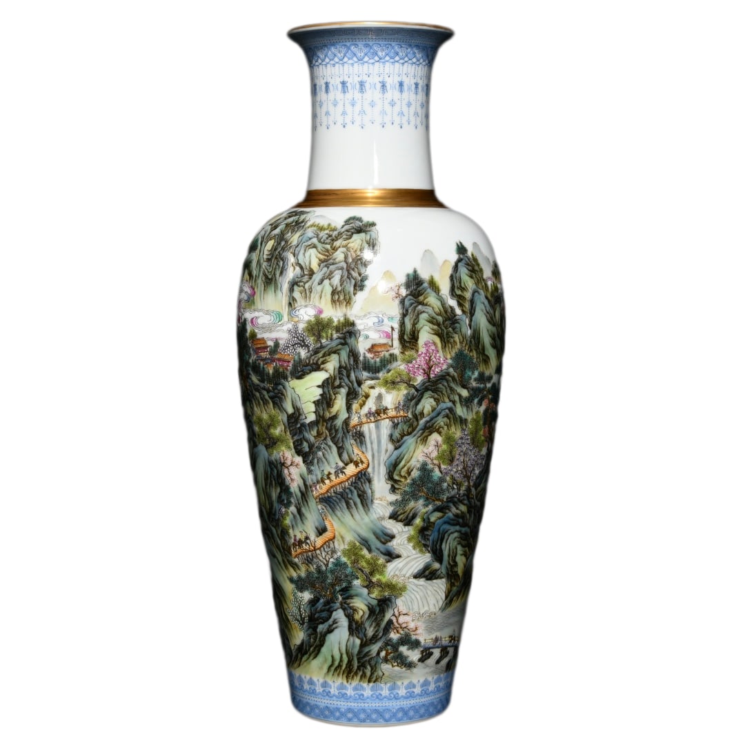 Chinese Famille Rose Porcelain Mountain Guanyin Vase w Visit Friend In Remote Mountains 350mmx140mm: Chinese Famille Rose Porcelain Mountain Figure Guanyin Vase w Visit Friend In Remote Mountains 350mmx140mm, Qing Dynasty Yongzheng Mark Dimension: 350 x 140 (mm) 13.78 x 5.51 (inches)