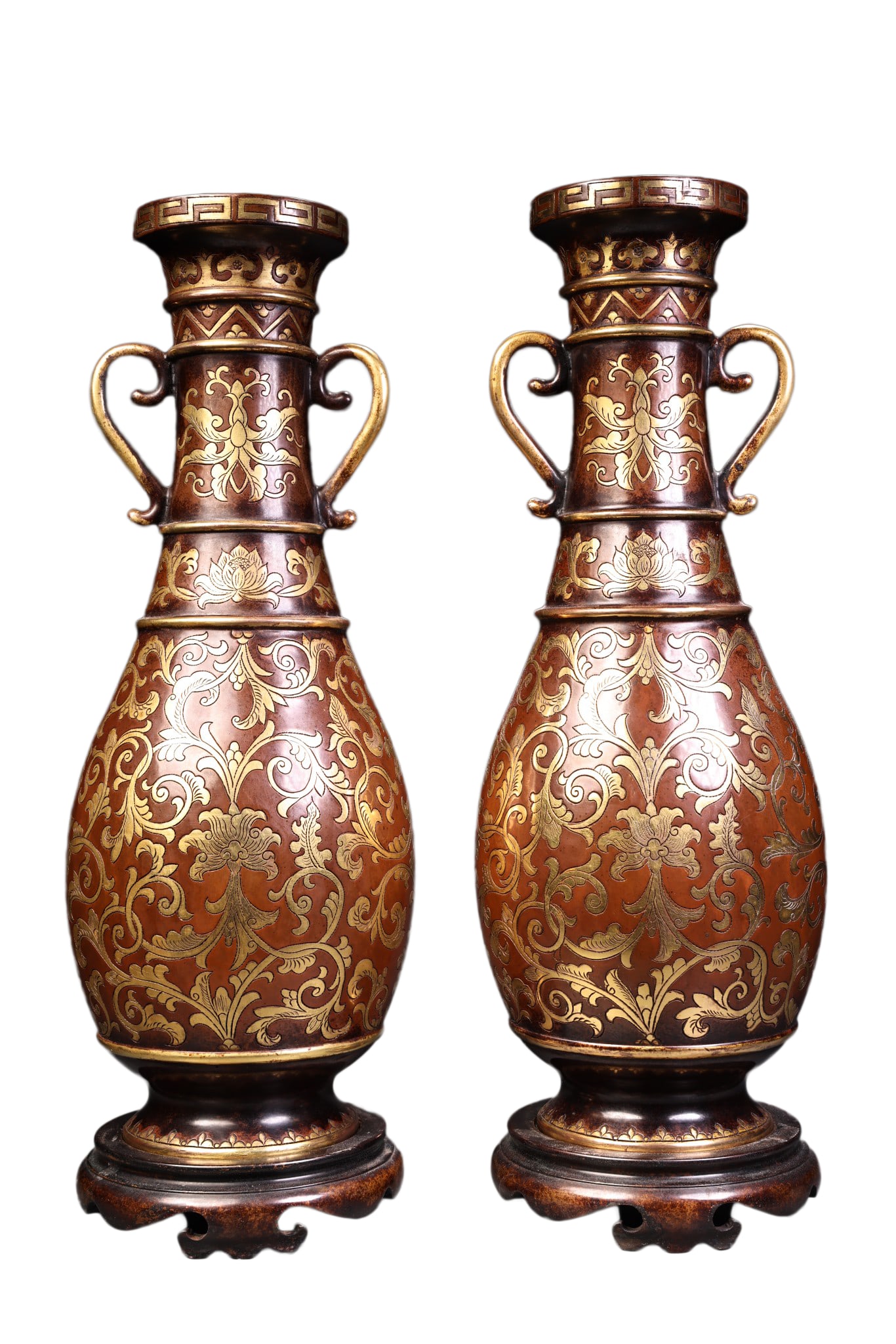 A Pair Chinese Gilt-Gold Copper Double Ear Vase w Flowers,Old 7100g (1 of 16)