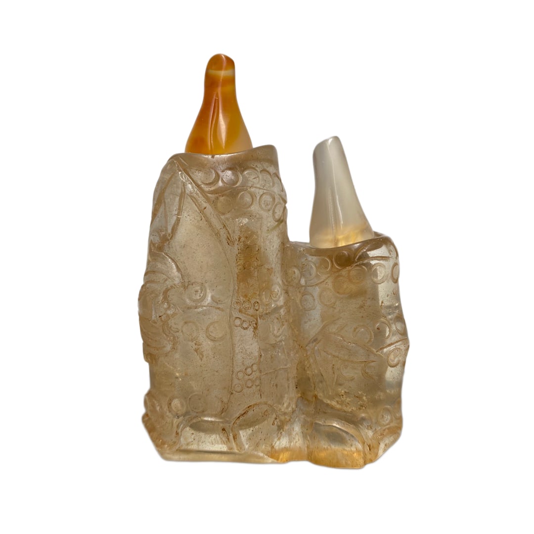 Chinese Crystal Hand-Carved Plant Conjoined Snuff Bottle w Fortune Bamboo,Old 74g (1 of 9)