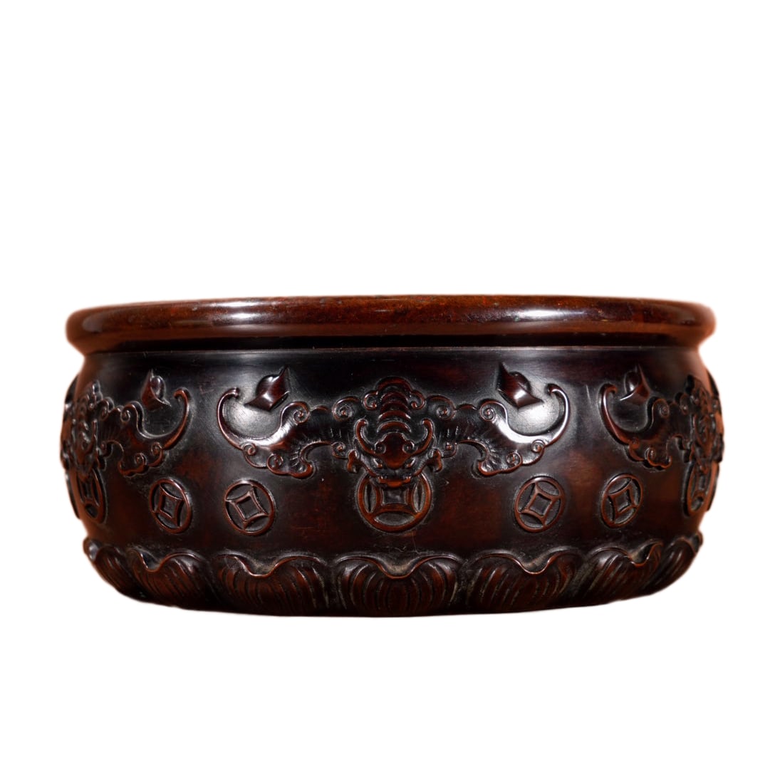Chinese Copper Treasure Bowl Incense Burner w Fortune Bat?Old 3025g: Chinese Copper Treasure Bowl Incense Burner w Fortune Bat?Old 3025gDimension: 166 x 75 (mm) 6.53 x 2.95 (inches) Weight: 6.67 lbs/ 3025 g