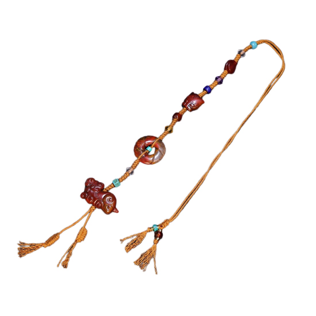 Chinese Zhanguo Hong Agate,Turquoise,Lapis Lazuli,Crystal Hand-Carved Beast Pendant,Old 30g: Chinese Zhanguo Hong Agate,Turquoise,Lapis Lazuli,Crystal Hand-Carved Beast Pendant,Old 30gDimension: 38 x 20 x 10 (mm) 1.50 x 0.79 x 0.39 (inches) Weight: 0.07 lbs/ 30 g